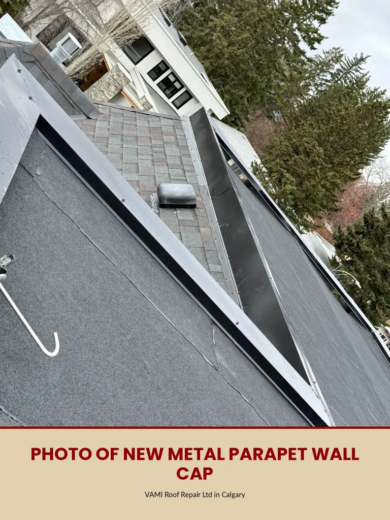 New metal parapet wall cap protecting the membrane edge on a Calgary flat roof by Vami Roof Repair