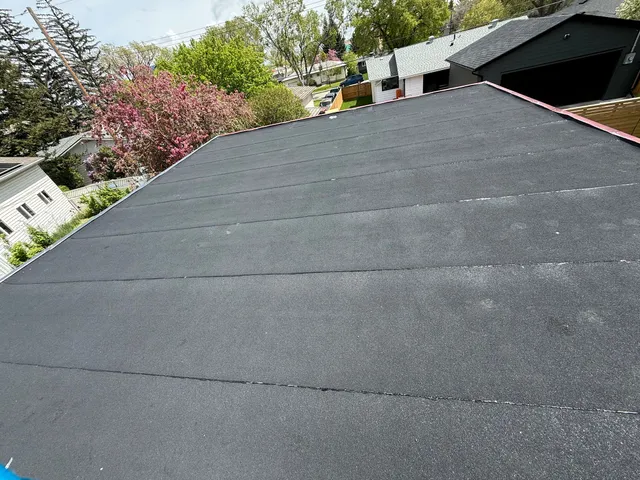 Newly finished SBS torch-down flat roof replacement in Calgary
