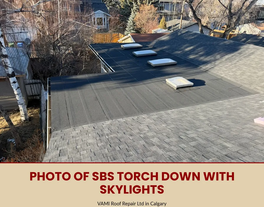 Three skylights and a sun tunnel installed on a Calgary roof combining SBS torch-down and asphalt shingles