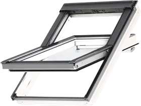 VELUX deck mounted roof window with white frame and grey exterior cladding