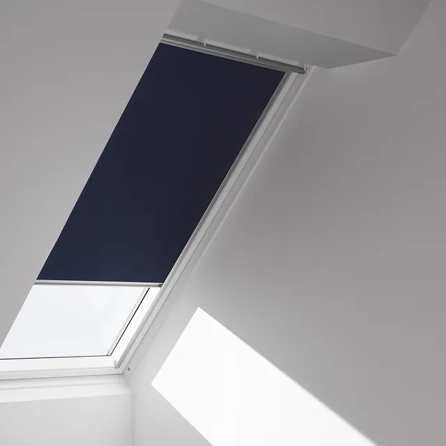 VELUX blackout shade installed on a skylight, remotely controlled